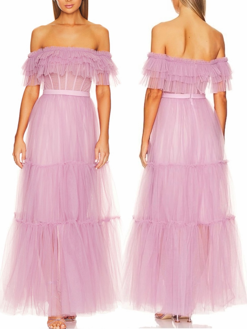 BCBGMaxAzria Off the Shoulder Tiered Tulle Maxi Dress Gown
